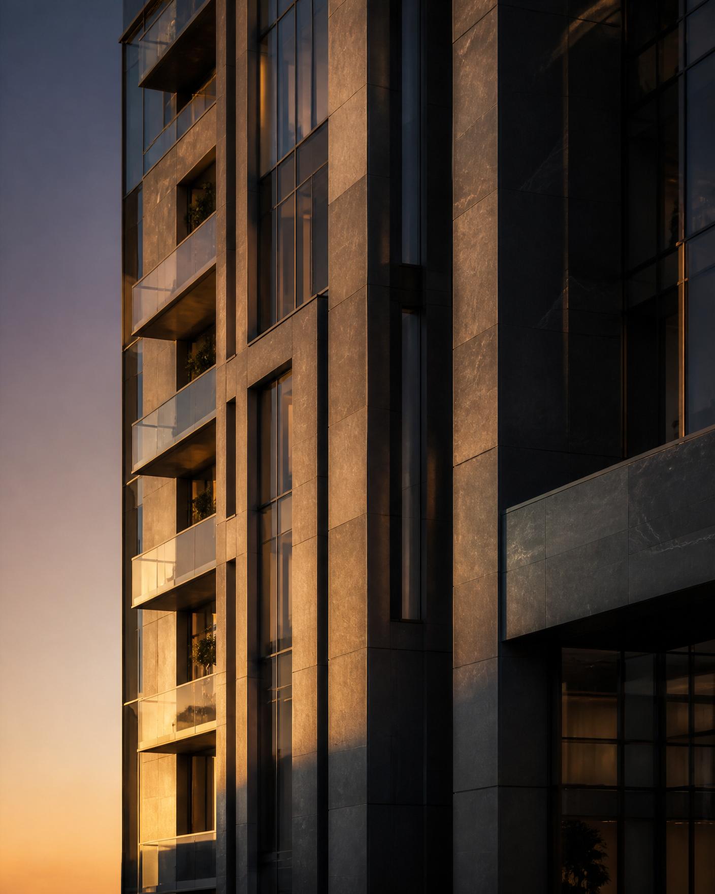 Fachada arquitetônica premium ao entardecer